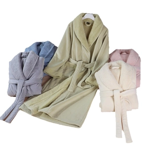 Thickened double-layer fleece bathrobe for winter with plush lining and tie waist