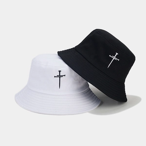 Unisex Cotton Bucket Hat Streetwear Fashion Embroidered Cross Nail Pattern Sun Protection Fisherman Cap Flat Top Outdoor