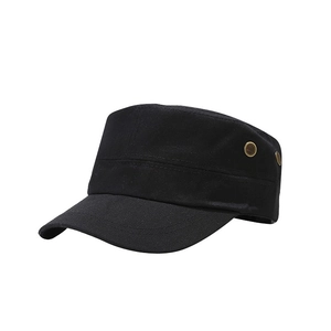 Classic black cotton cadet military cap with breathable metal eyelets on white background