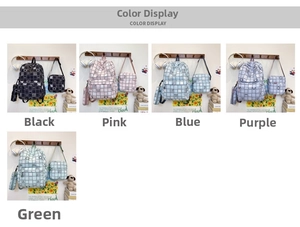 Detailed set of school backpacks in five colors with plaid patterns and cartoon motifs