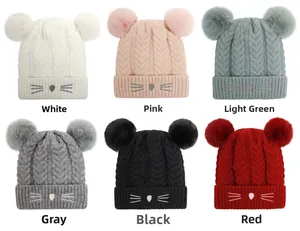 Detailed grid of six baby cat-ear beanies with faux fur pom-poms in various colors