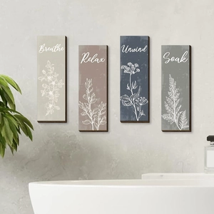 Set of 4 wooden botanical wall plaques with Relax Breathe Unwind Soak text for bathroom
