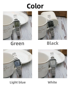 Detail showing square quartz watches in green, black, blue and white on metal mesh straps