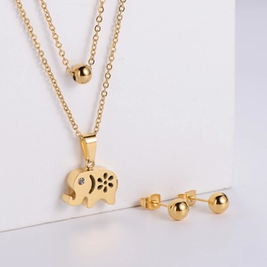 Golden titanium steel jewelry set featuring a double-layer elephant pendant and ball earrings