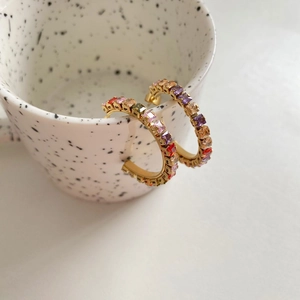Gold-plated stainless steel hoop earrings with colorful square-cut zircon stones