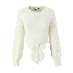 Women Cable Knit Cropped Sweater Open Back Large Bow Lace Up Long Sleeve Casual Fashion Elegant Knitwear Top