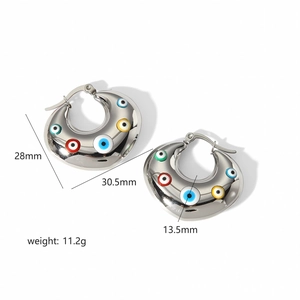 Detail view of evil eye hoop earrings with dimension labels 28mm by 30.5mm silver finish