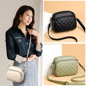 Quilted crossbody bag shown in beige, black and light green with adjustable straps