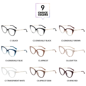 Grid display of nine color variants for cat-eye anti-blue light glasses with metal temples