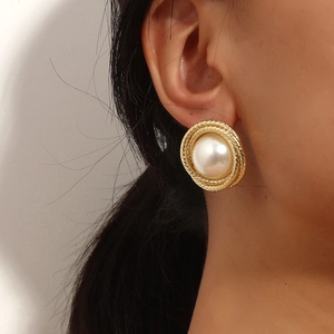 Retro Round Faux Artificial Pearl Stud Earrings Alloy Twisted Rope Border With Stainless Steel Earring Post Elegant For Women