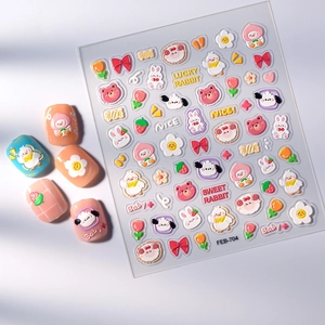 3D embossed nail art stickers with cute cartoon rabbits and bears in macaron colors