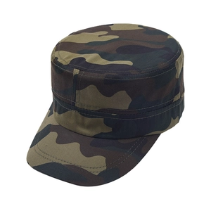 Close-up detail of camouflage flat top cadet hat with reinforced double-stitched brim