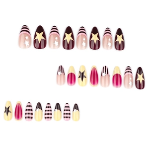 Star pattern almond press-on nails set with red, pink, and yellow glitter finishes