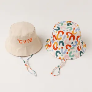 Baby sun protection bucket hats with CUTE embroidery and colorful patterns with straps