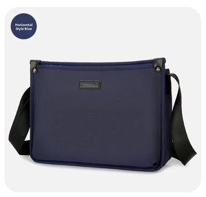 Detail of blue waterproof oxford fabric crossbody bag with adjustable nylon shoulder strap