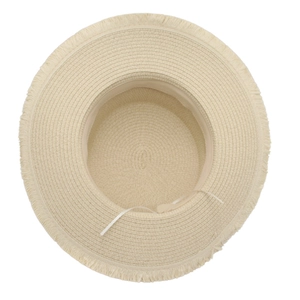 Flat top beige straw sun hat with frayed brim and adjustable inner sweatband