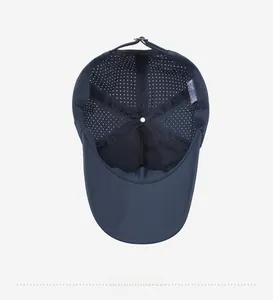 Detail of navy blue baseball cap interior showing breathable mesh and neat stitching