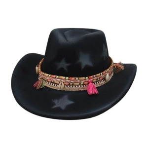 Black wool felt western cowboy hat with bohemian fringe band and star patterns