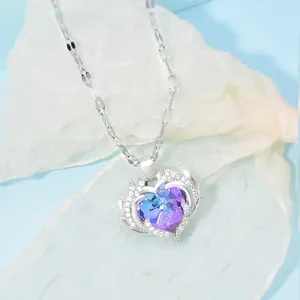 Titanium steel heart necklace with blue gradient crystal and silver wings pendant