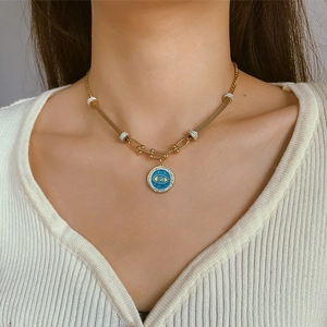 Collier Pendentif Mauvais Œil Arbre De Vie Étoile Trèfle en Acier Inoxydable Plaqué Or 18K pour Femme Strass Turquoise Artificielle Bijoux
