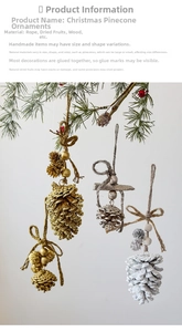 Close-up of handmade pine cone ornaments with gold and silver finishes on branches