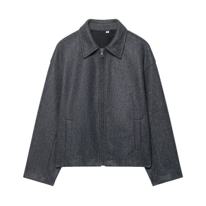 Veste zippée gris foncé pour femme en tissu aspect laine avec col à revers, vue à plat