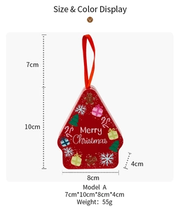 Detailed size display of tree-shaped Christmas tin box with red festive cartoon prints