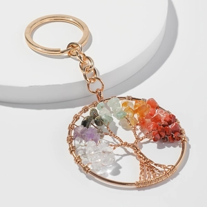 Vintage Tree of Life keychain with golden metal ring and colorful crystal stones