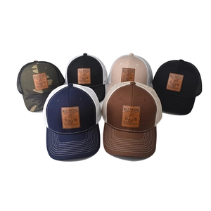 Deep crown trucker hats with deer embroidery patches in six multi-color options