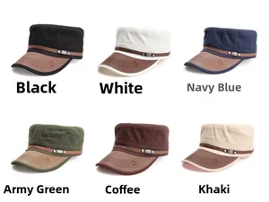 Collage of flat top cadet caps in six colors with leather brim and star embroidery