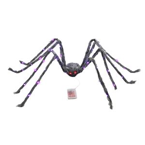 Detail of grey plush Halloween spider with glowing red eyes and purple LED leg lights