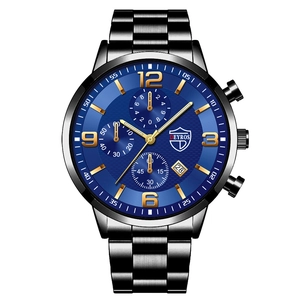 Men's business watch with deep blue dial, luminous calendar, and black stainless steel band