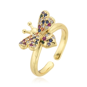 Adjustable 18k gold plated open ring featuring a colorful zircon micro-pave bee