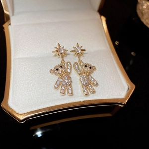 Cute Bear Dangling Earrings Alloy Rhinestone Star Decor With Silver Earring Post Sweet Fashion Jewelry For Women