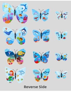 Close-up of 12-piece 3D butterfly wall stickers with ocean motifs and mermaid patterns