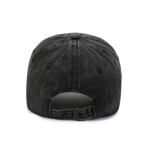 Back view of washed black cotton baseball cap with adjustable metal buckle and strap