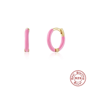 Pink enamel 925 sterling silver gold plated small hoop earrings with minimalist design