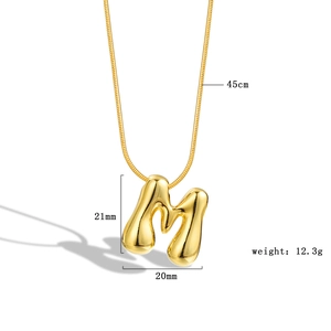 Detail view of a 3D bubble letter M necklace in gold with 45cm chain and dimensions