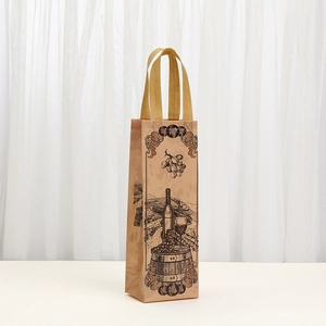 Brown non-woven wine gift bag with vintage patterns for single bottle packaging