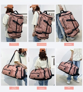 Pink multi-functional travel bag showing six carrying ways including backpack and shoulder styles
