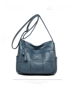 Detail view of multi-zipper compartments and quilted texture on blue crossbody bag
