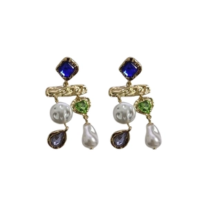 Vintage palace style gold earrings with rhinestones, pearls and colorful pendants
