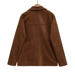 Brown faux suede long sleeve blazer for women shown from the back on a wooden hanger