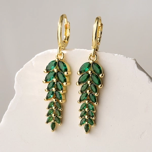 Elegant 18K gold plated drop earrings featuring green marquise zircon leaf clusters