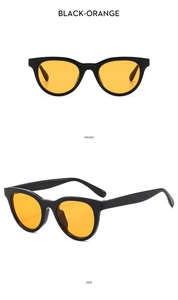 Front and side views of chic black-framed sunglasses with orange lenses on white background