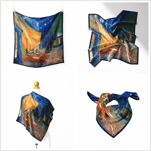 Artistic Van Gogh Cafe Terrace silk scarf with vibrant blue and yellow satin finish