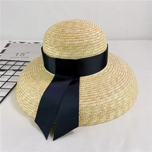 Women Straw Sun Hat Wide Brim Woven Beach Cap With Black Ribbon Bow Vintage French Style Summer
