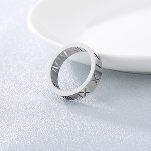 Macro shot of silver titanium ring featuring classic Roman numeral hollow engravings