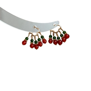 Ethnic style heart tassel drop earrings with red and green beads in gold finish