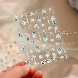 Detail of 3D embossed floral nail stickers featuring blue and white epiphyllum designs